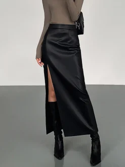 Side Split PU Leather Midi Skirt