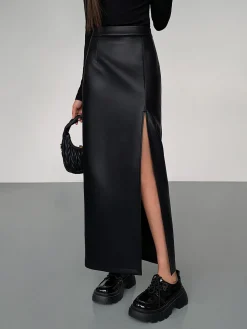 Side Split PU Leather Midi Skirt