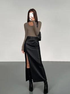Side Split PU Leather Midi Skirt