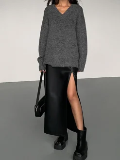 Side Split PU Leather Midi Skirt