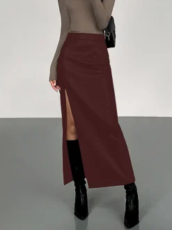 Side Split PU Leather Midi Skirt