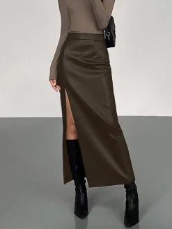 Side Split PU Leather Midi Skirt