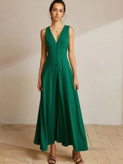 Sleeveless Button Front V-Neck Dress