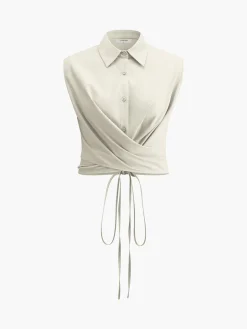 Sleeveless Button-Down Collar Tie Back Skirt Set