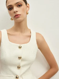 Sleeveless Golden Button A Line Skirt Set