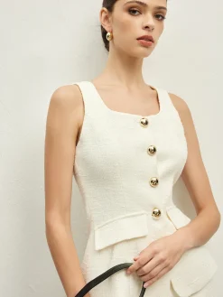 Sleeveless Golden Button A Line Skirt Set