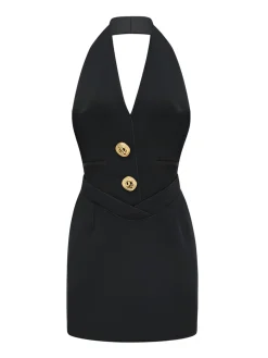 Sleeveless Halter V Neck Dress With Gold Buttons