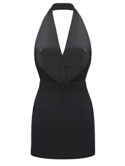 Sleeveless Halter V Neck Dress With Gold Buttons