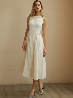 Sleeveless Pockets Pleated Midi Dress