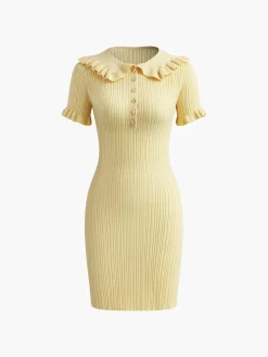 Slim Fit Collar Knit Short Dress with Metal Button