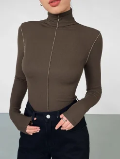 Slinky Turtleneck Contrast Trim Ribbed Knit Shirt