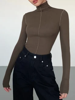 Slinky Turtleneck Contrast Trim Ribbed Knit Shirt