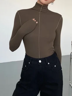 Slinky Turtleneck Contrast Trim Ribbed Knit Shirt