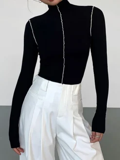 Slinky Turtleneck Contrast Trim Ribbed Knit Shirt