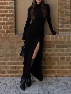 Slit Pleated Long Sleeve Bodycon Mock Neck Long Dress