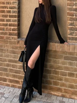 Slit Pleated Long Sleeve Bodycon Mock Neck Long Dress