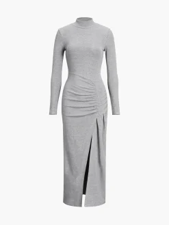 Slit Pleated Long Sleeve Bodycon Mock Neck Long Dress