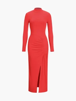 Slit Pleated Long Sleeve Bodycon Mock Neck Long Dress