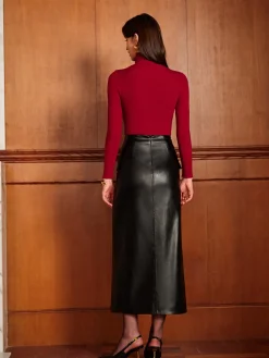 Slit PU Leather Straight Skirt