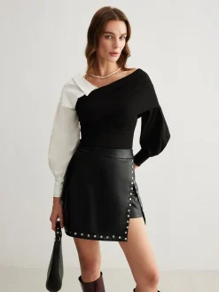 Slit Studded Faux Leather Mini Skirt