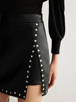 Slit Studded Faux Leather Mini Skirt
