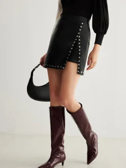 Slit Studded Faux Leather Mini Skirt