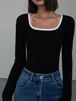 Sliver Lining Contrast Neckline Long Sleeve Top
