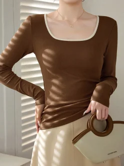 Sliver Lining Contrast Neckline Long Sleeve Top