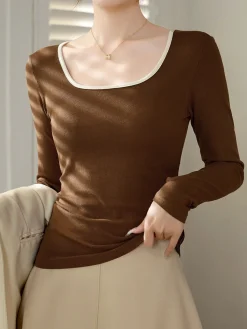 Sliver Lining Contrast Neckline Long Sleeve Top