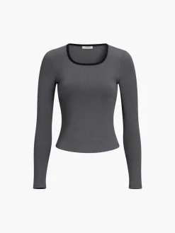 Sliver Lining Contrast Neckline Long Sleeve Top