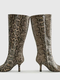 Snakeskin Print Knee-High Boots