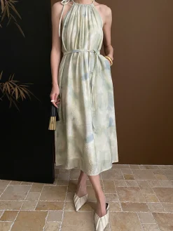 Soft Pastel Print Halter Belted Midi Dress
