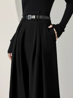 Solid Belted Pleated Wide Leg Pants