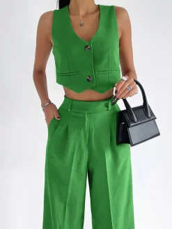 Solid Button Front Waistcoat With Pants Set