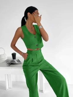 Solid Button Front Waistcoat With Pants Set