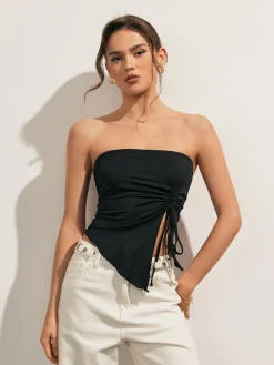 Solid Drawstring Backless Knotted Tube Top