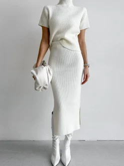Solid High Neck Split Ribbed Knit Two Pieces Skirt Set