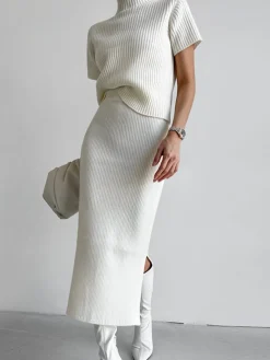 Solid High Neck Split Ribbed Knit Two Pieces Skirt Set