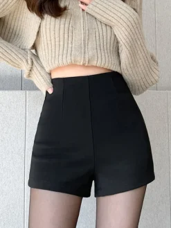 Solid High Waist Zip Shorts