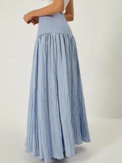 Solid High-Waisted Ruffle Pleated Maxi Skirt