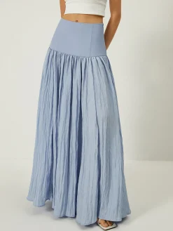 Solid High-Waisted Ruffle Pleated Maxi Skirt