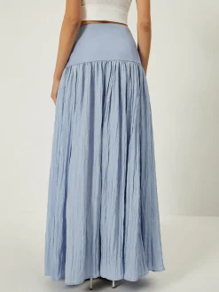 Solid High-Waisted Ruffle Pleated Maxi Skirt