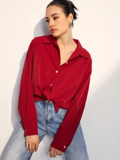 Solid Lapel Button Draped Shirt