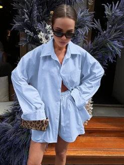 Solid Lapel Pocket Loose Shorts Set