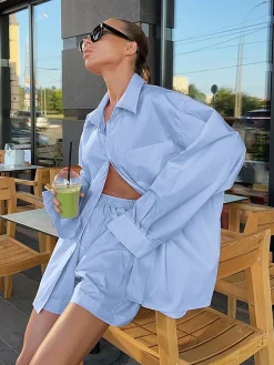 Solid Lapel Pocket Loose Shorts Set
