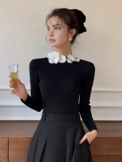 Solid Long Sleeve Floral Knit Top