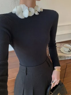 Solid Long Sleeve Floral Knit Top