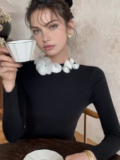 Solid Long Sleeve Floral Knit Top