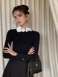 Solid Long Sleeve Floral Knit Top