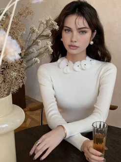 Solid Long Sleeve Floral Knit Top